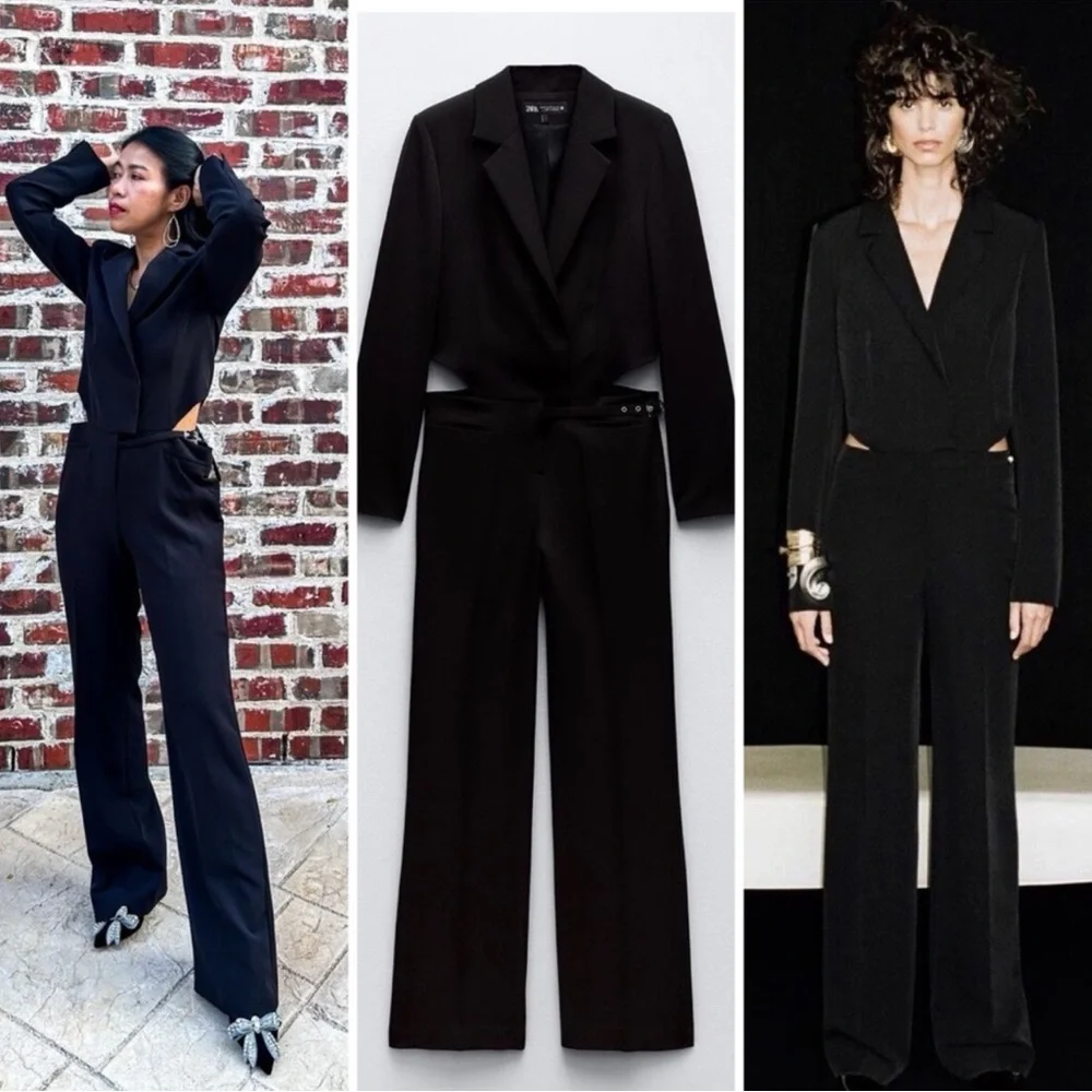 ZARA ~ BLACK CUT-OUT FULL LENGTH JUMPSUIT BLAZER - Picture 1 of 15